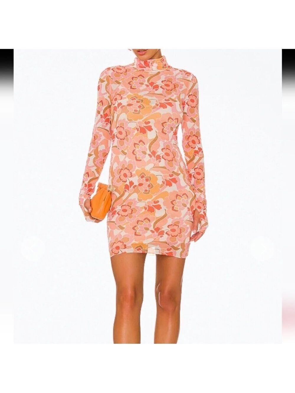 *AFRM Mari Floral Power Mesh Turtleneck Mini Dress Pink Orange Stretch Mesh - M